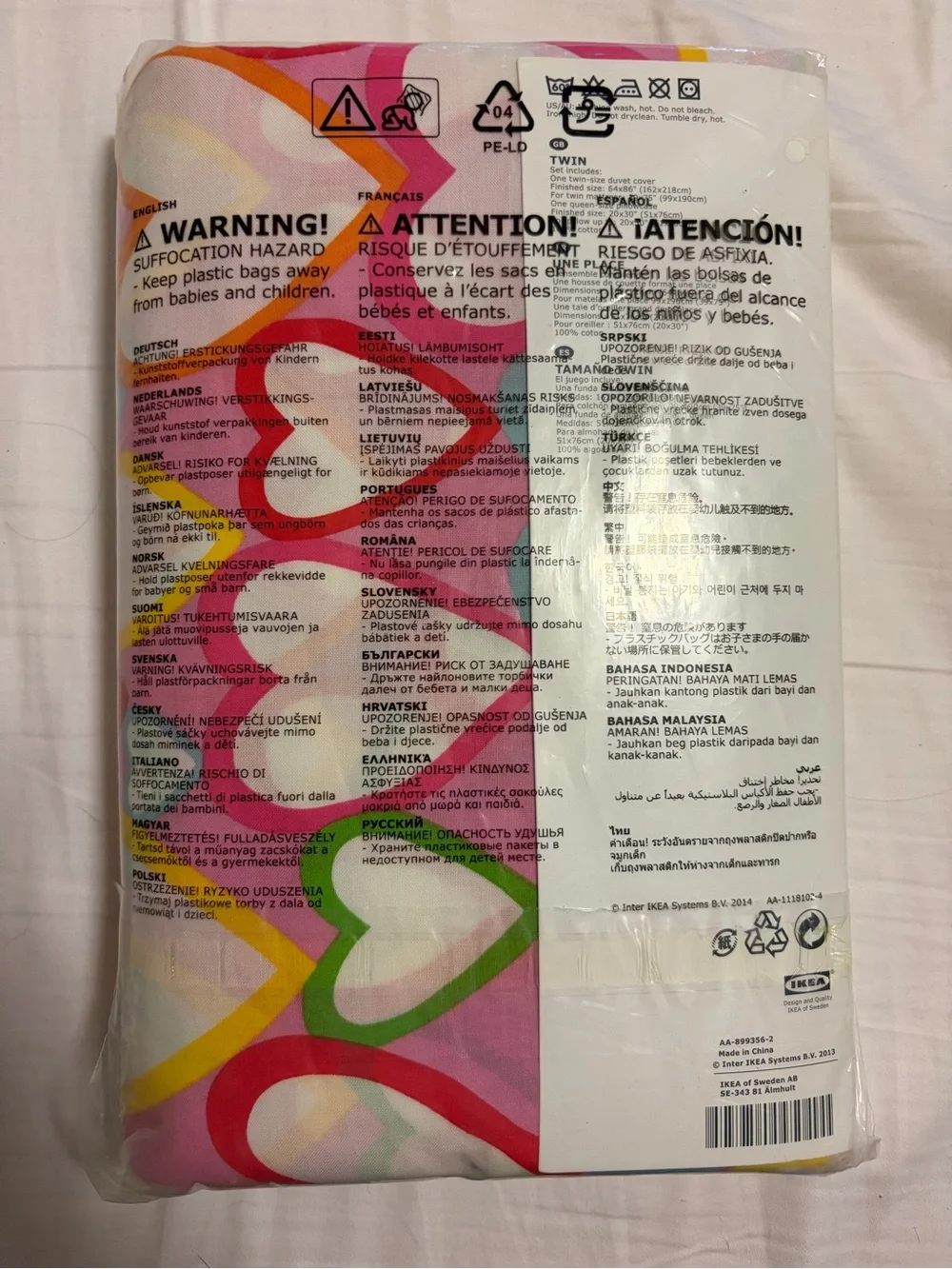 New in package IKEA Kids Twin duvet cover w/pillowcase Pink Multi Hearts